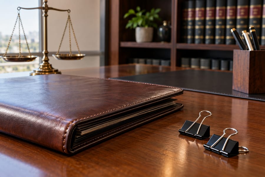 A closed leather folder and two binder clips on a polished wooden desk with a brass balance scale and shelves of bound books behind.