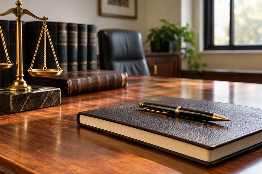 A leather notebook and a pen on a wooden desk beside a brass balance scale, with bound books and an office chair behind.